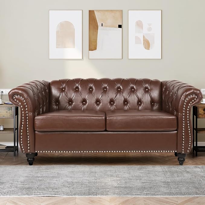 Mid-Century 2 Seater Sofa, Faux Leather Loveseat - Image 3