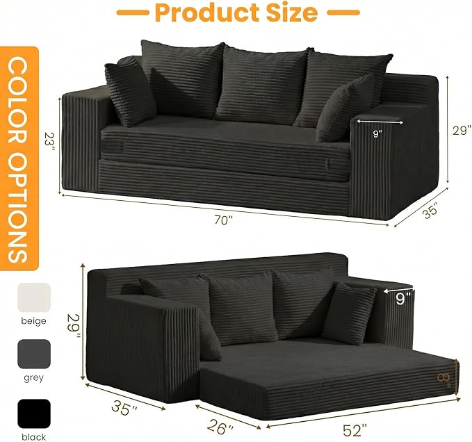 Convertible Sofa Bed, Pull Out 3 Seater Sleeper Sofa - Image 2