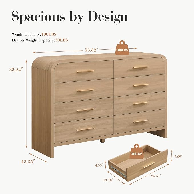 Curved 8-Drawer Dresser for Bedroom, 53.82" Wide Modern Chest of Drawers - Image 2