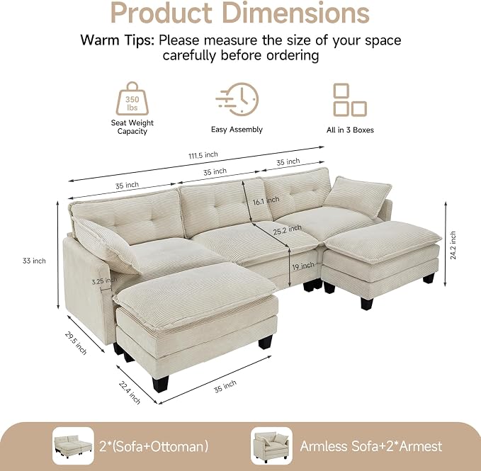 Amsleekey Modular Sectional Sofa, 111.5" U-Shaped Corduroy Comfy Sectional - Image 2