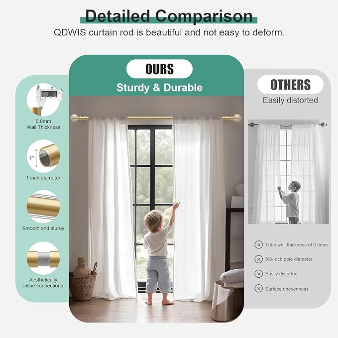 QDWIS Gold Curtain Rods for Windows 28 to 48 inch, Rustic Decorative Drapery - Image 3