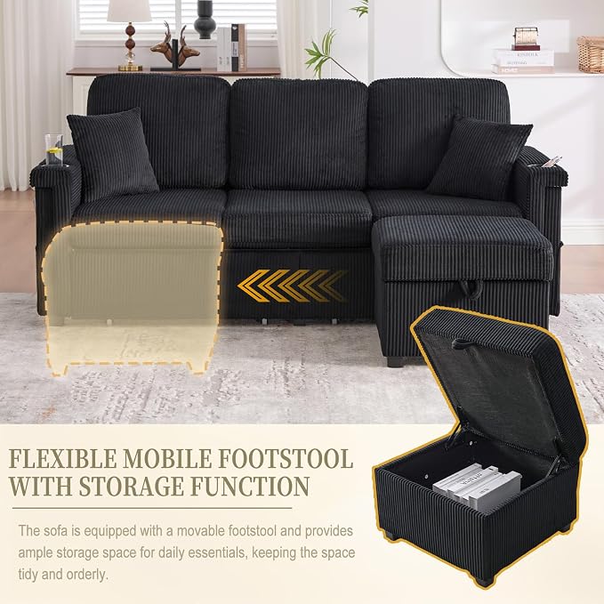 L-Shaped Sectional Sofa with Storage & Movable Ottoman, Corduroy 3 Seater - Image 7