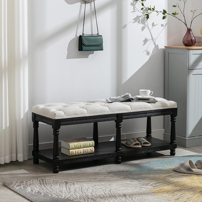 Farmhouse Storage Bench Wooden Entryway Linen Upholstered Ottoman Button Tufted - Image 6