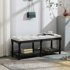 Farmhouse Storage Bench Wooden Entryway Linen Upholstered Ottoman Button Tufted - Image 6