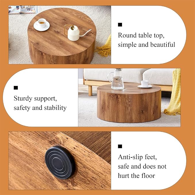 Round Coffee Table, 23.6" Modern Wood Drum Coffee Table, Round Accent Center - Image 5