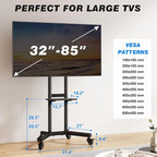 Rolling TV Stand with Shelf for 32-85 inch TVs up to 150lbs, Portable Mobile TV - Image 6