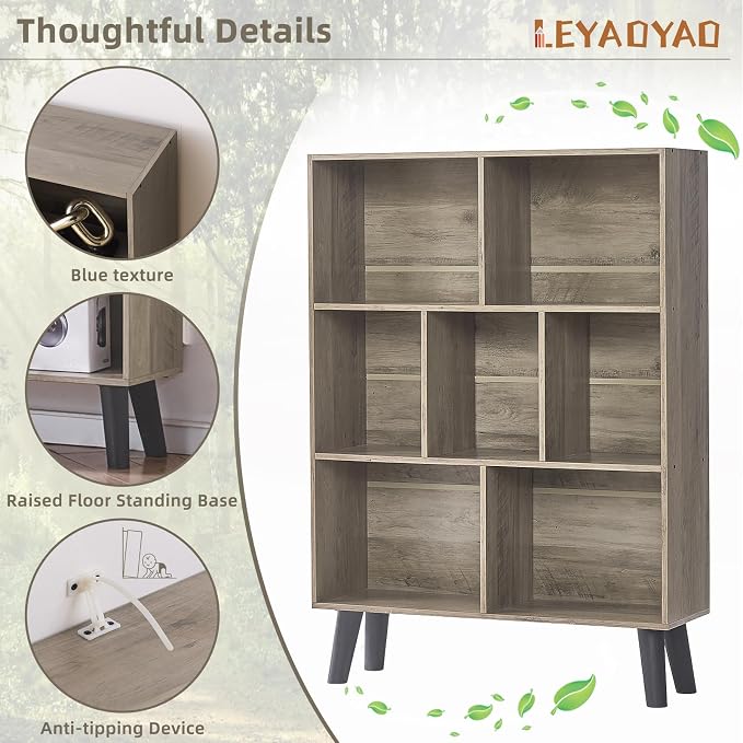 LEYAOYAO Cube Bookshelf 3 Tier Mid-Century Retro Grey Modern Bookcase - Image 4