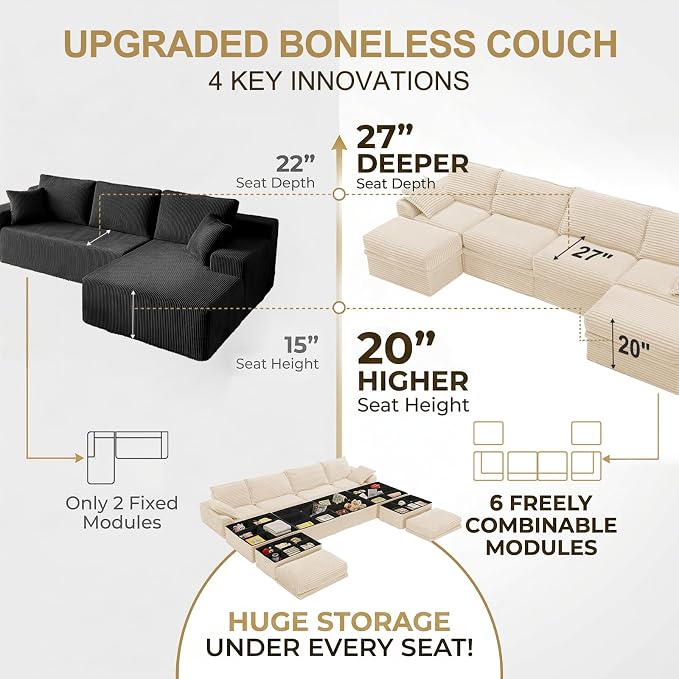 Upgrade Boneless Couch with Storage, Extra Deep&High Seat Modular Sectional - Image 6
