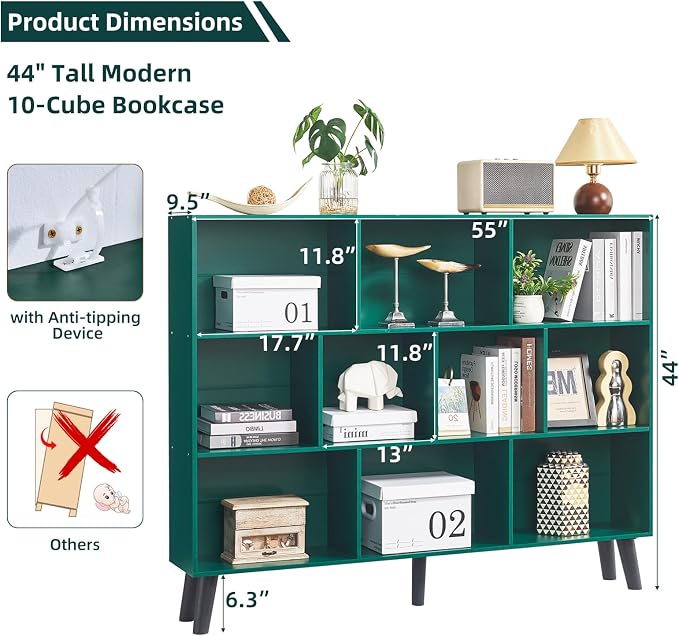 LEYAOYAO 10 Cube Bookshelf, 3 Tier Vintage 55" Wide Bookcase - Image 2