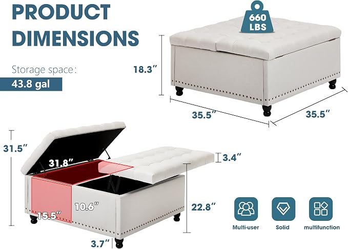 36" Large Square Ottoman with Storage, Tufted Upholstered Storage Ottoman with - Image 2