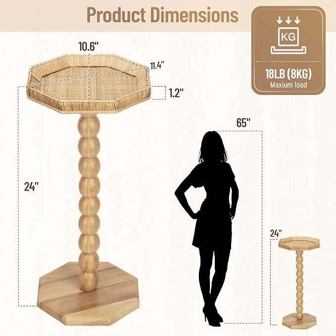 Natural Rattan End Table, Boho Solid Wood Octagon Side Table - Image 2