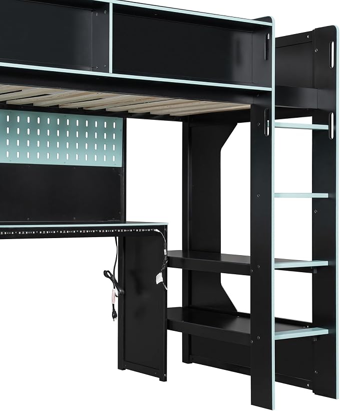 Modern Gaming Loft Bed with Built-in Desk, LED Lighting & Charging Hub –Twin - Image 7