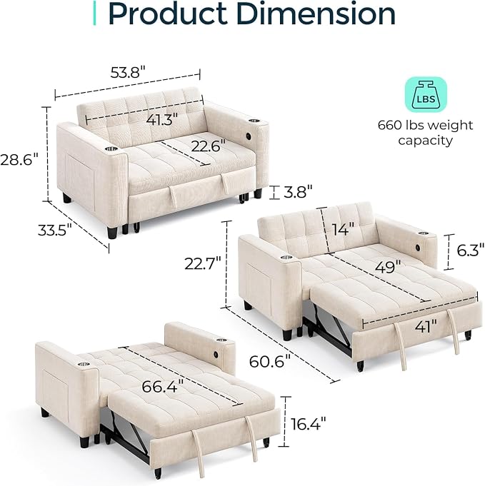 LINSY Sleeper Sofa Bed, Small 3 in 1 Convertible Loveseat Sleeper Couch - Image 2