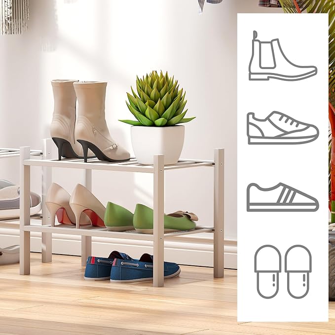 viewcare White Small Shoe Rack for Entryway, 2-Tier Bamboo Shoe Organizer for - Image 6