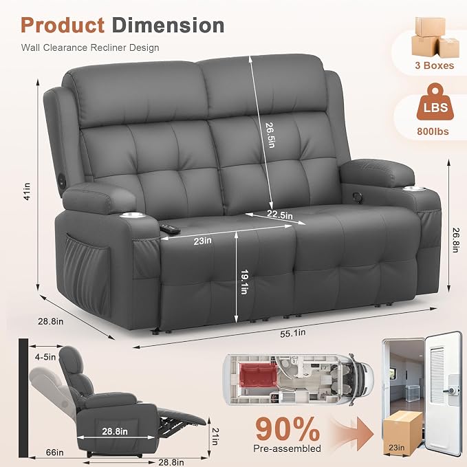 RV Loveseat Recliner Sofa, Massage Wall Hugger Recliners Couch - Image 2