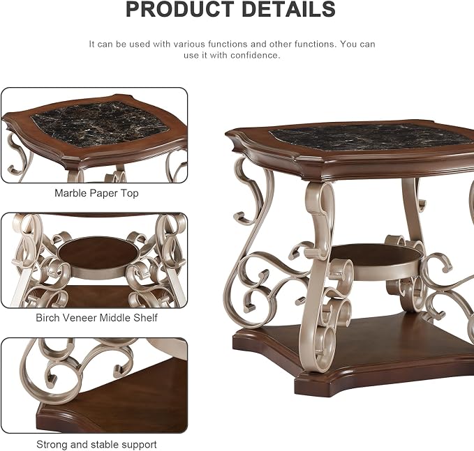 26.2'' 2-Tier Square End Table Marble Paper Top Coffee Table - Image 4