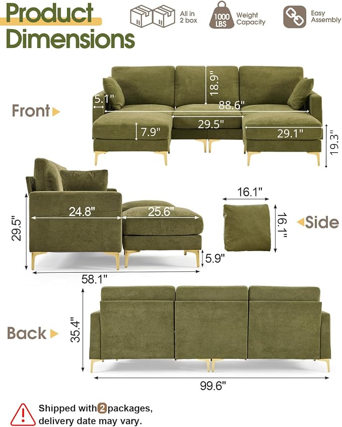 Karl home 99.6" Sectional Sofa, U-Shaped Chenille Upholstered Couch - Image 2