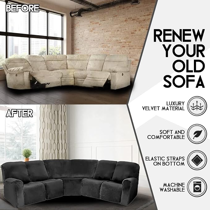 LightInTheBox 7-Piece Velvet Stretch Reclining Couch Covers 5 Seats Corner Sofa - Image 3