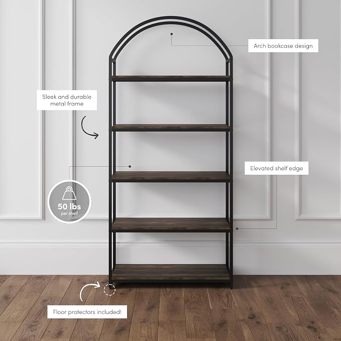 Nathan James Haven Etagere Bookshelf, 5-Shelf Bookcase in Nutmeg Wood and Black - Image 4