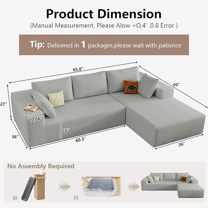 95" Cloud Sectional Couch with L-Shape Chaise, Modular Comfy Sofa Chaise Longue - Image 2