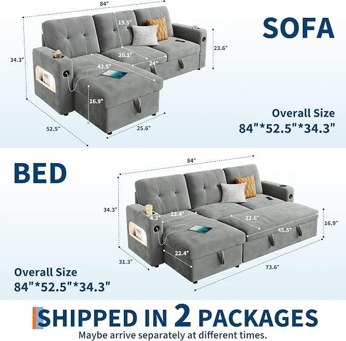 GarveeHome 84 Inch Sleeper Sofa Couch, L-Shaped Sofa, Convertible Pull Out Sofa - Image 2