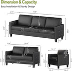 STHOUYN Black Faux Leather 3 Seater Sofa, Loveseat and Accent Chair, Modern - Image 2