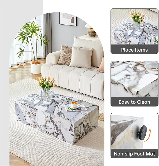 Faux Marble White Coffee Table, Rectangle MDF Living Room Table, Center Table - Image 7
