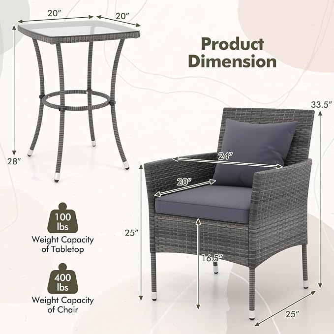 Tangkula 3-Piece Patio Furniture Set, PE Wicker Conversation Bistro Set w/A - Image 4