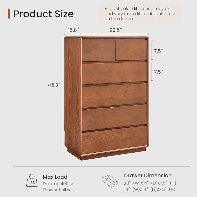 Solid Wood Dresser for Bedroom, Natural Solid Wood 6 Drawer Dresser, 45.3" Tall - Image 2