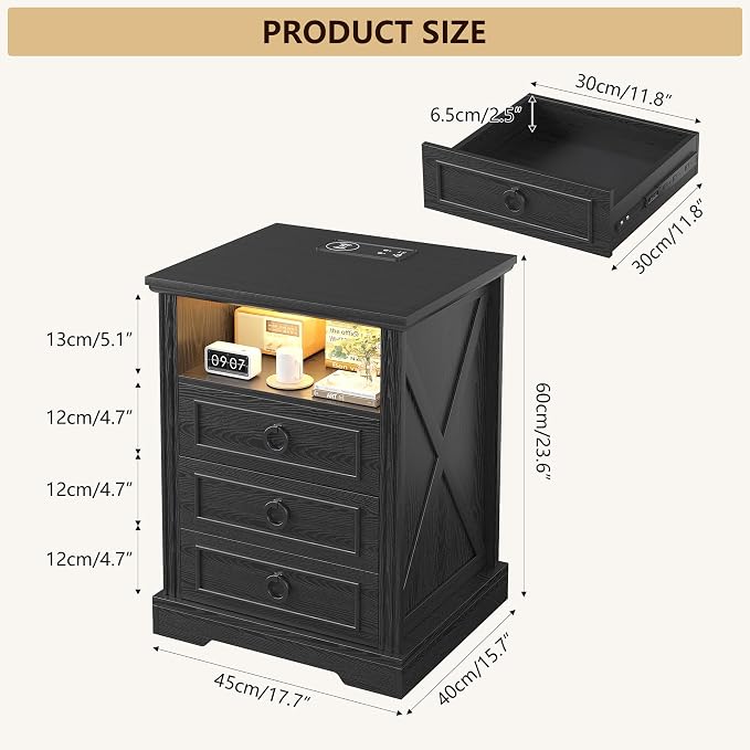 Nightstand with Charging Station, Farmhouse End Side Table with 3 Drawers and - Image 2