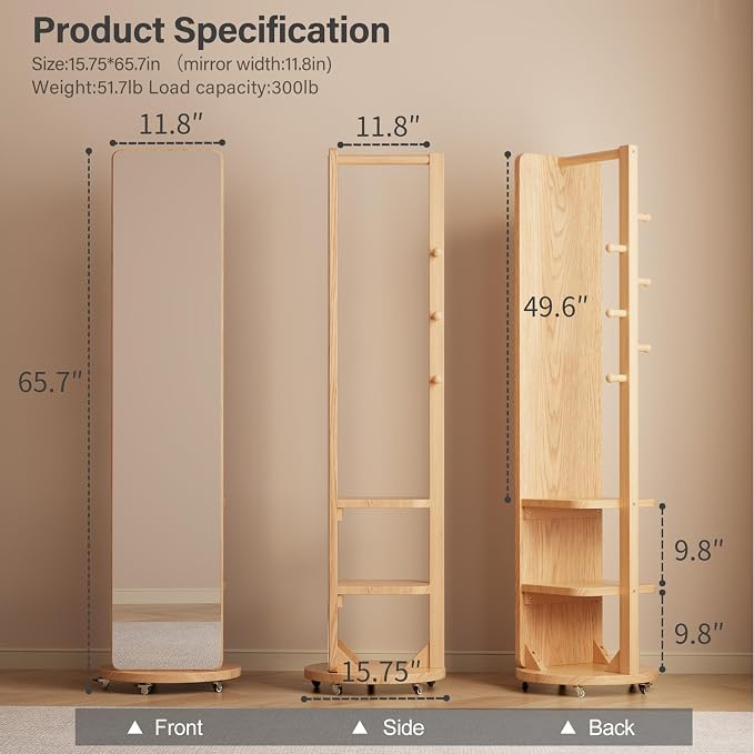 WoodsWhisper Full Length Mirror Coat Rack Solid Wood Floor Mirror 66"x12" Full - Image 2