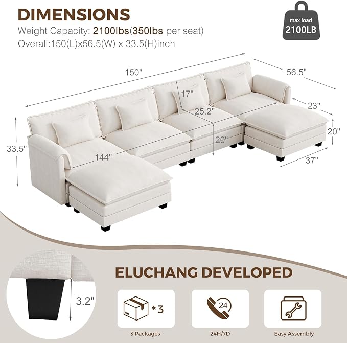 ELUCHANG 150'' Modular Sectional Cloud Couch, Modern Comfy Chenille U Shaped - Image 2