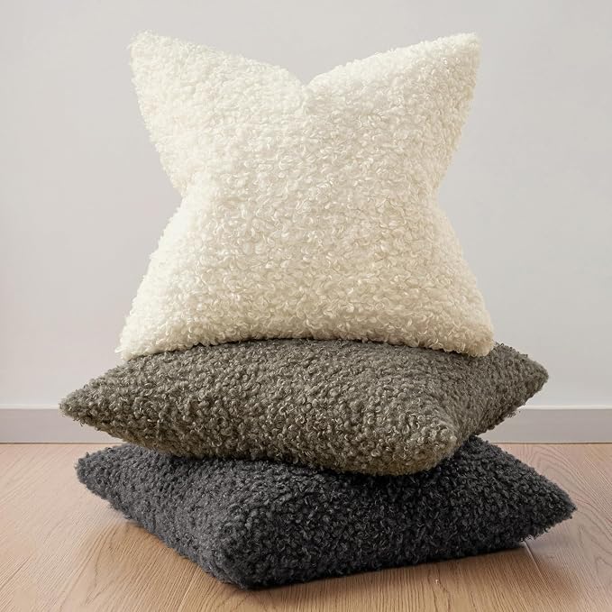 Faux Fur Throw Pillow Covers 20x20 Inch Set of 2 Boucle Neutral Decorative - Image 5