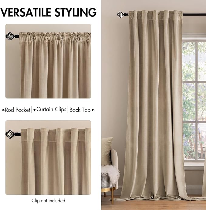 MIULEE Velvet Curtains 52x108 inches 2 Panels Cream Beige Blackout Curtains | - Image 2