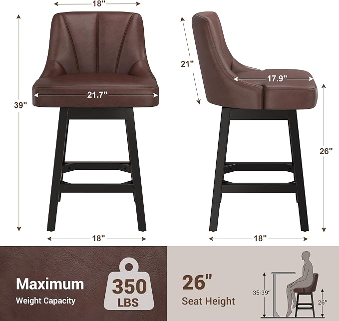 YaFiti Swivel Bar Stools Set of 2, 26 Inch Counter Height Bar Stools - Image 2