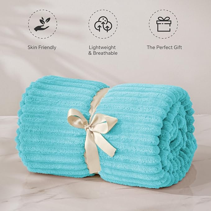 BEDELITE 3D Ribbed Light Blue Fleece Throw Blanket - Image 4