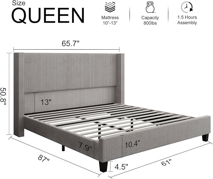HOWE Queen Size Bed Frame with 50.8" Tall Wingback Headboard, Modern Corduroy - Image 2