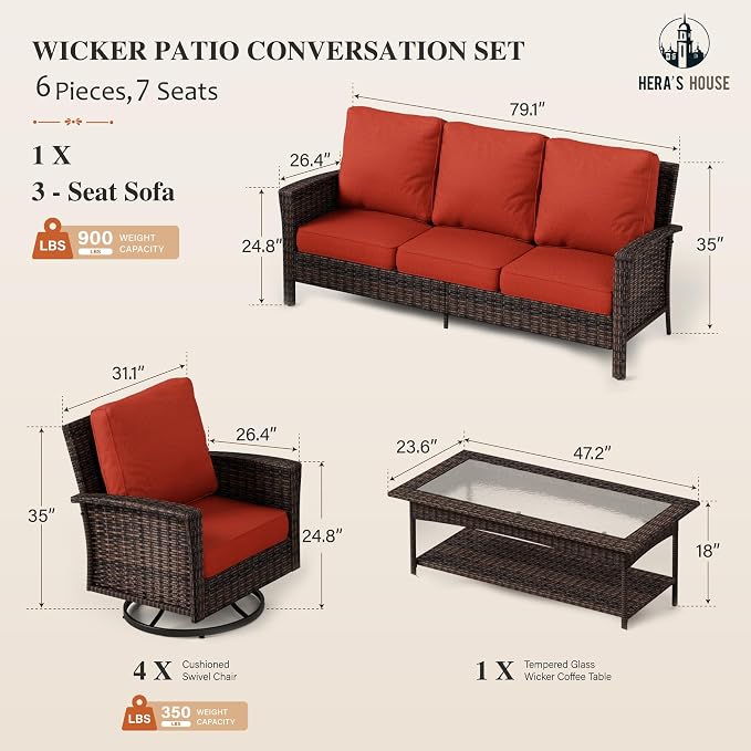 HERA'S HOUSE Red Patio Furniture Set, Oversized Outdoor Wicker Conversation Set - Image 6