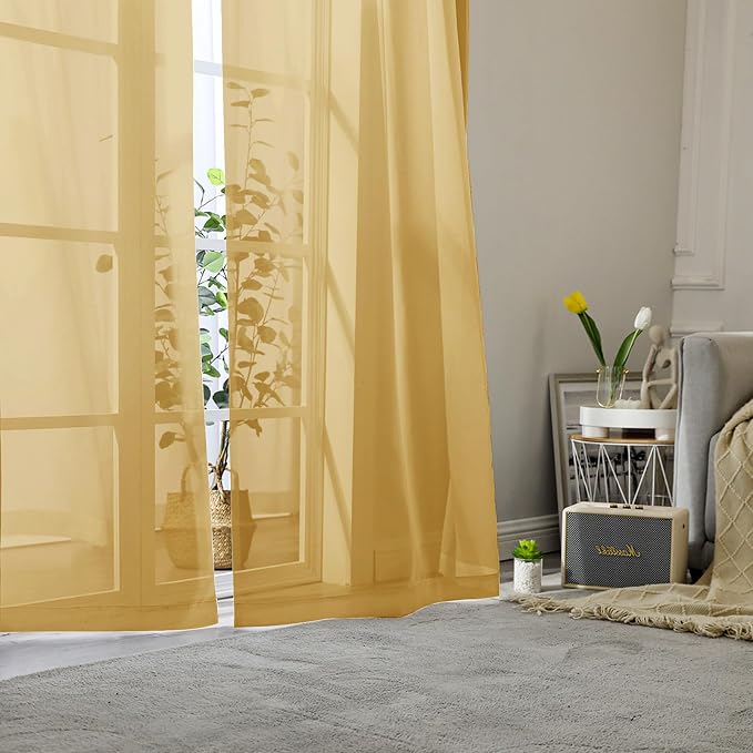 Gold Sheer Curtains 96 Inches Long 2 Panels, Breathable Solid Voile Light - Image 8