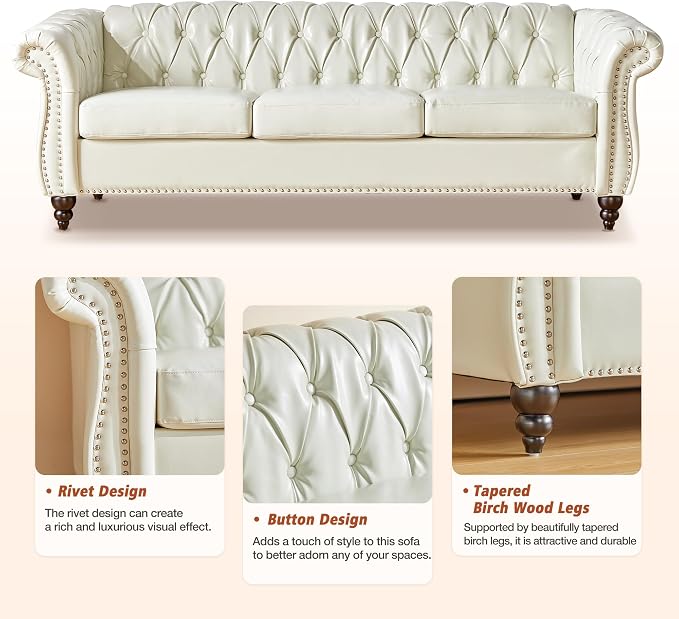 ORRD 2 Piece Living Room Set, Chesterfield Faux Leather Sofa Loveseat Couch - Image 5