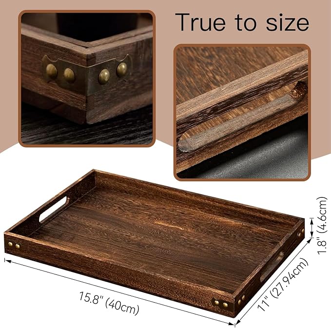 Serving Tray with Handles, 15.8"x 11" Wood Decorative Tray - Image 4