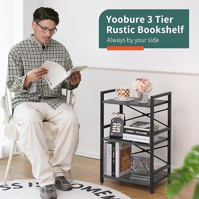Yoobure Bookshelf Small Book Shelf, Solid Industrial 3 Tier Shelf Bookcase - Image 7