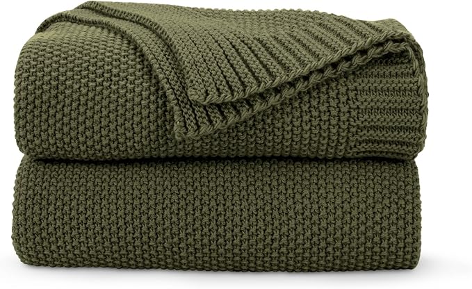 CozeCube Olive Green Seed Stitch Throw Blanket 50"x60", Farmhouse Decor | by CozeCube