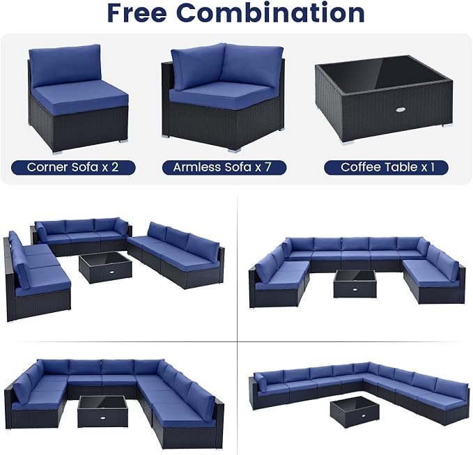 Tangkula 10 Pieces Patio Sofa Set, Outdoor Wicker Conversation Set - Image 5