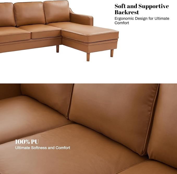 Kingfun 88" L-Shape Sofa, Faxu Leather Sectional Couch, Mid Century Modern - Image 7