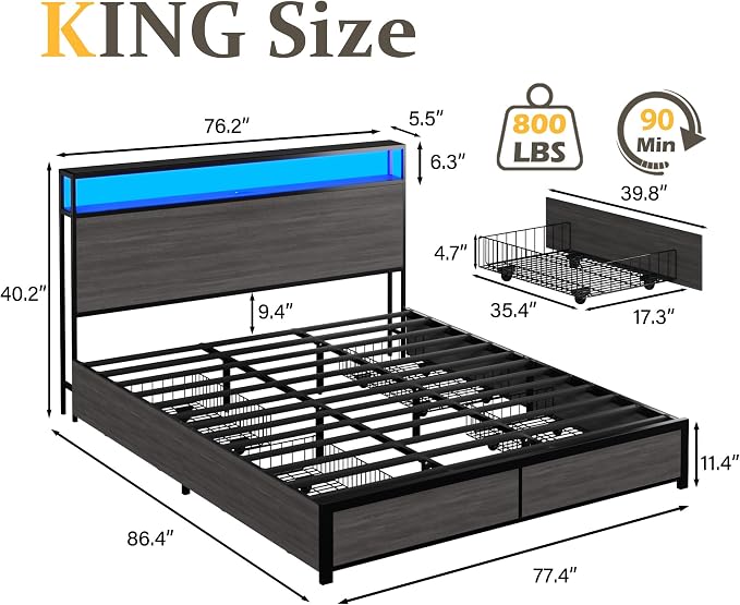 Lifezone King Bed Frame with 2-Tier Storage Headboard, Metal Platform Bed Frame - Image 2