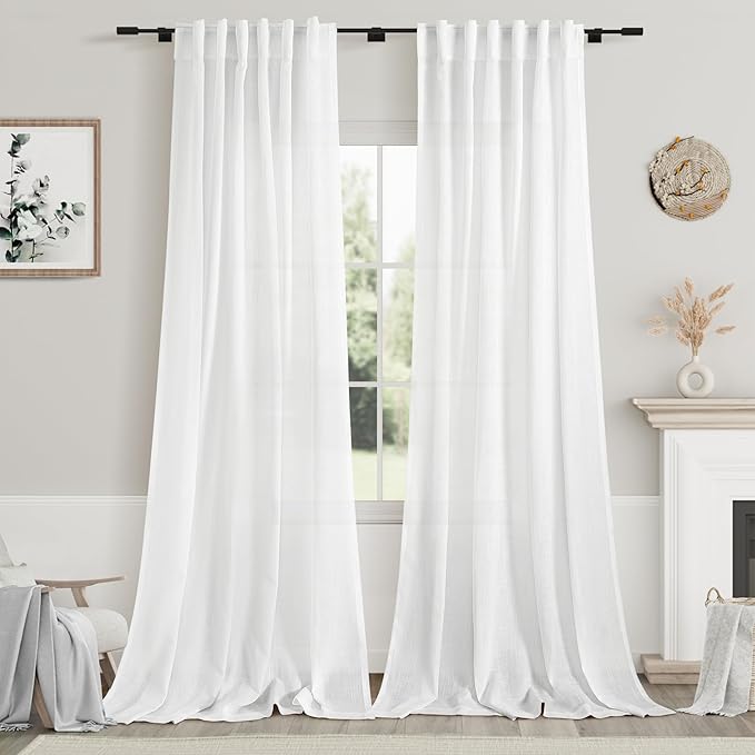 White Linen Curtains 96 Inches Long 2 Panels Set Back Tab Rod Pocket Semi Sheer by Nanspring