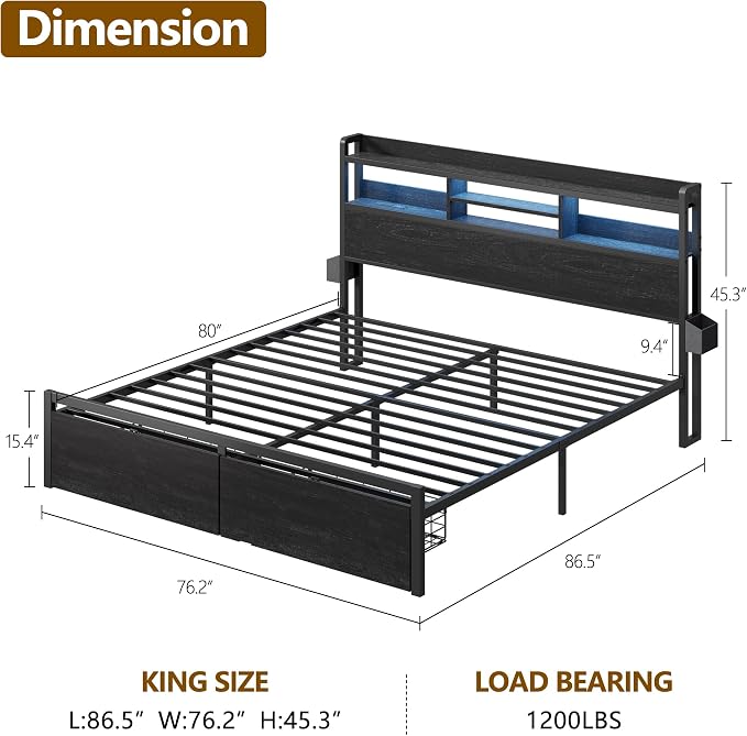 Furnulem King Bed Frame with Wood Headboard & Storage Drawers, Metal Platform - Image 2