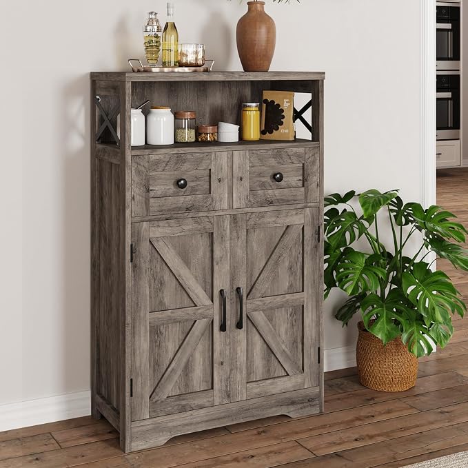 Farmhouse Storage Cabinet with Barn Doors and Open Shelf, Kitchen Pantry with - Image 8