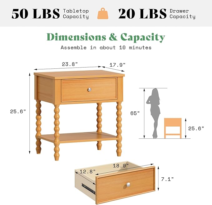 AMERLIFE 24" Wood Nightstand, Vintage Bedside Table - Image 2